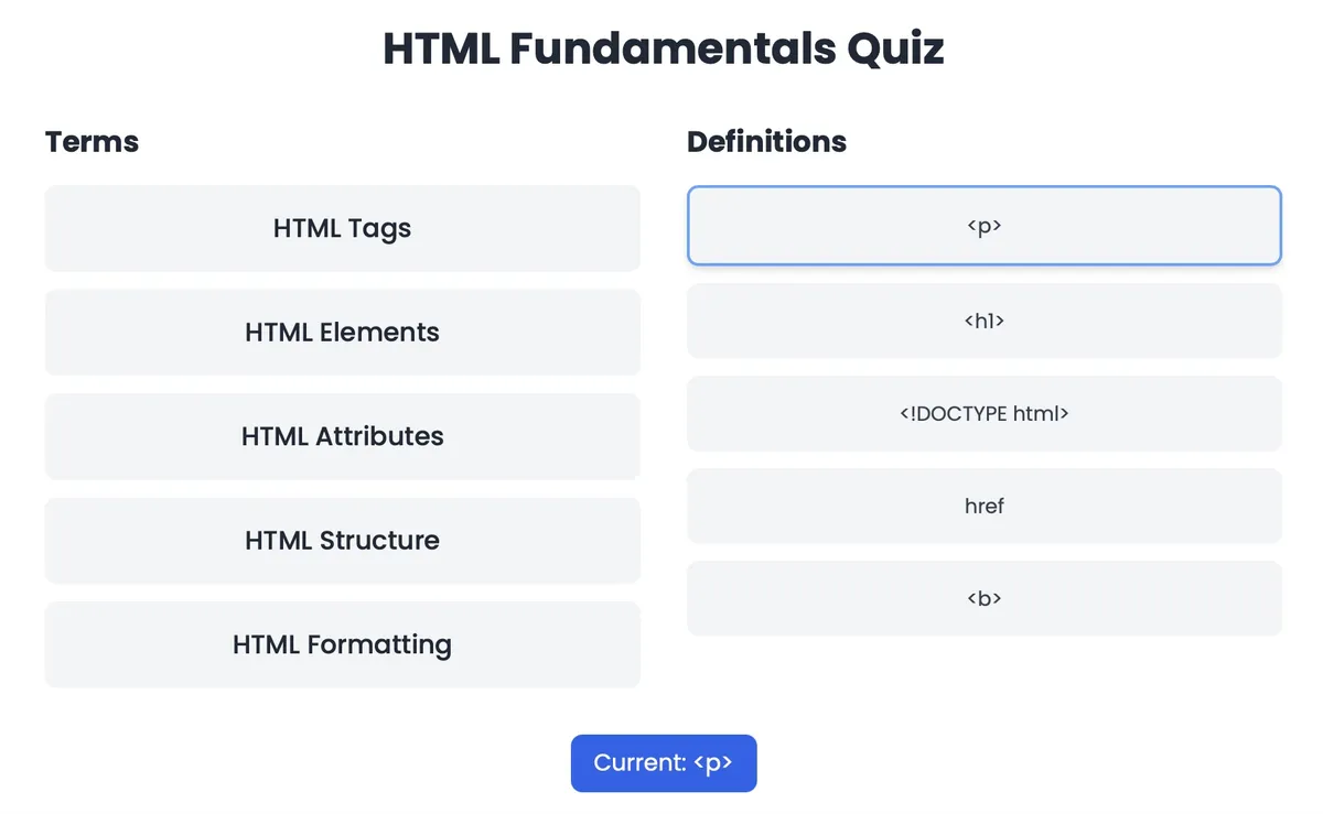 The HTML Quiz, where I match up HTML with its name.