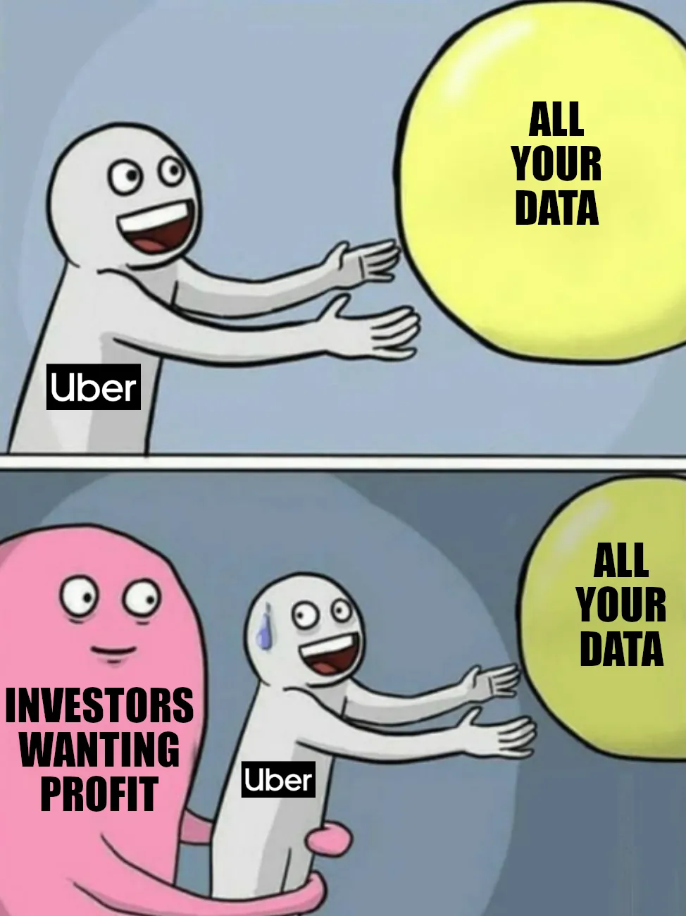 The big yellow ball and pink monster meme. In this case, Uber (the person) is reaching towards a big yellow ball that says 