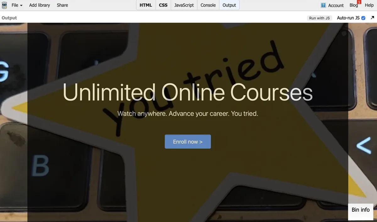Screenshot of the Output from JSBin, showing the same You Tried yellow star sticker sitting on a keyboard, with the same semi-transparent background and text, but there are now two large margins on either side and the text is as semi-transparent as the background.