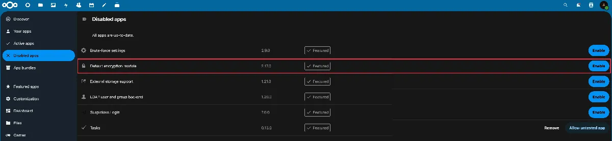 Disabled apps view. Nextcloud 29