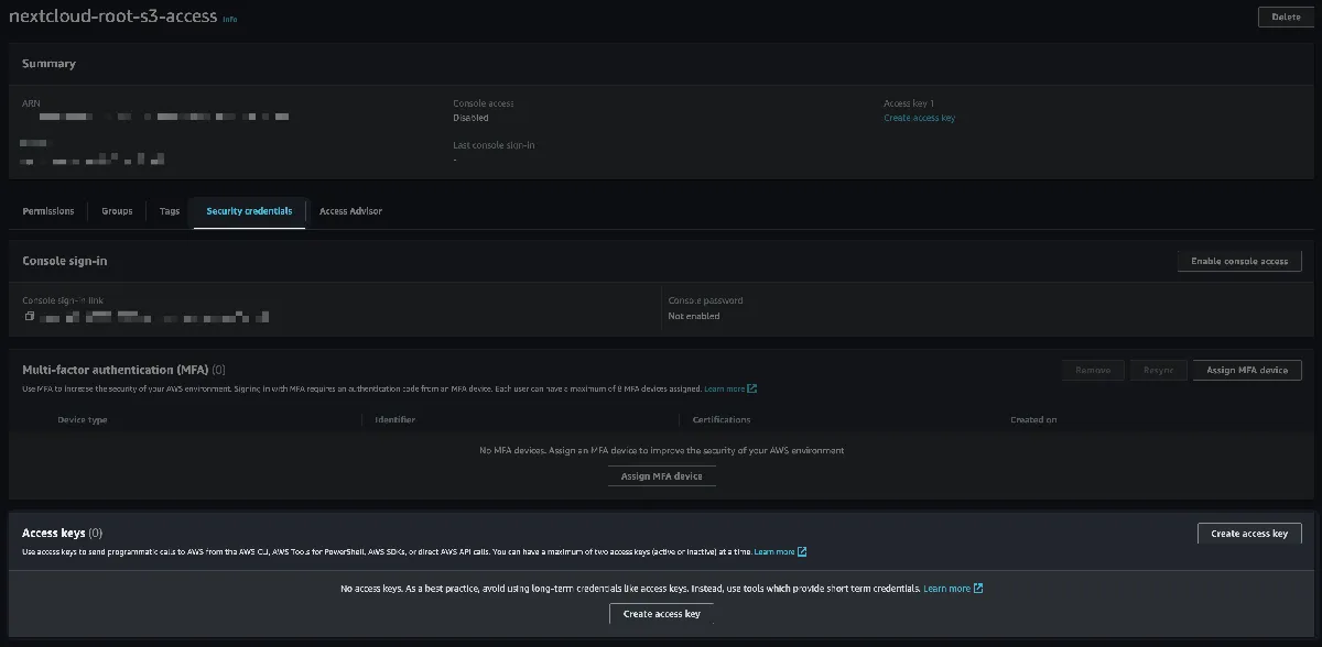 IAM User overview screen