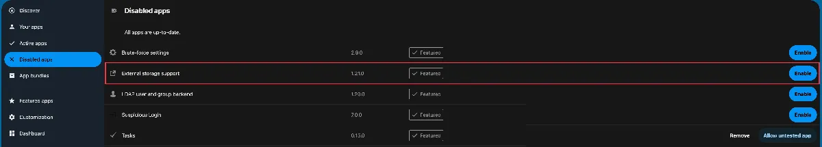 Nextcloud Disabled Apps page