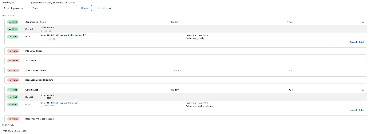 Cloudflare rules setup and Cloudflare Trace results