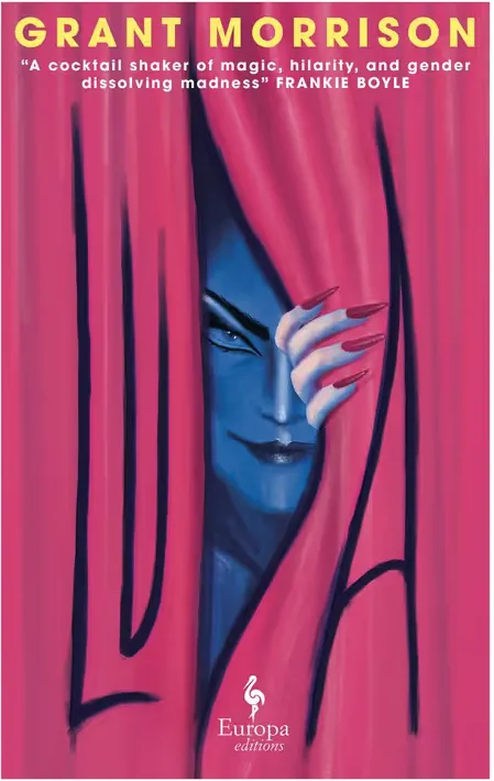 The cover of Luda by Grant Morrison. A woman with a malicious gleam in her eyes peers out from behind a pink curtain