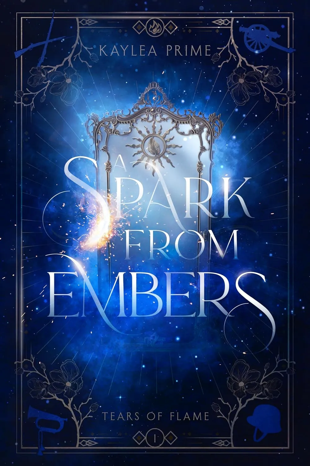 The cover of A Spark from Embers, showing the book title with an abstracted image of a mirror.