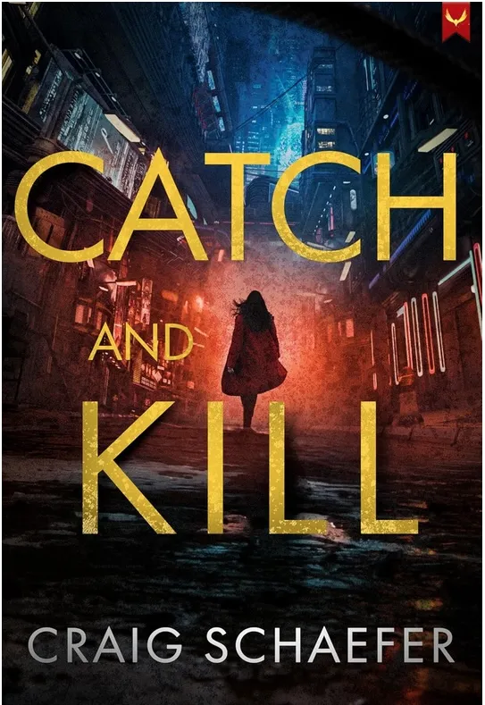 A neon cityscape that's the cover for Catch and Kill