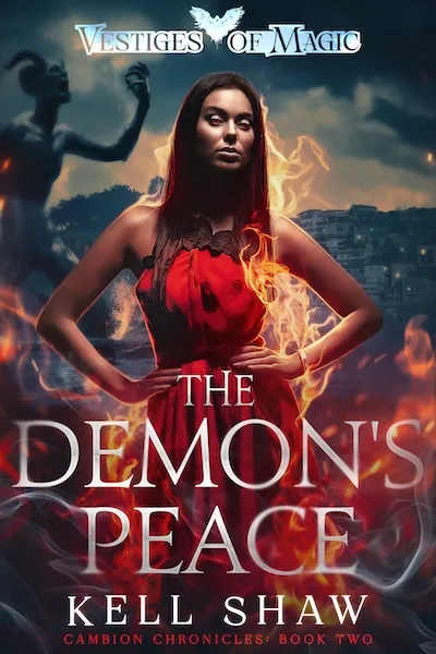 A woman in front of a twisted statue, with an island behind her. She's wreathed in flames.