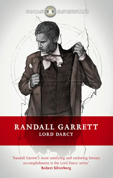 The cover of Lord Darcy by Randall Garrett, where the detective is putting on a Victorian-style frock coat. An occult symbol is behind him.