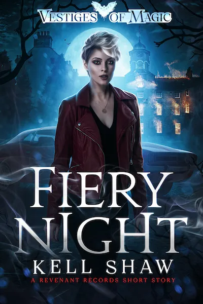 The cover for Fiery Night by Kell Shaw, showing Lukie in front of a burning building.