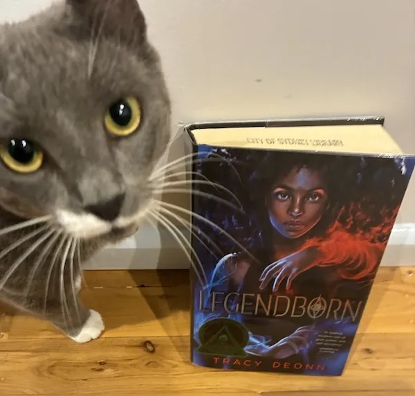 A copy of Legendborn, with a editorial assistant (cat) close by.