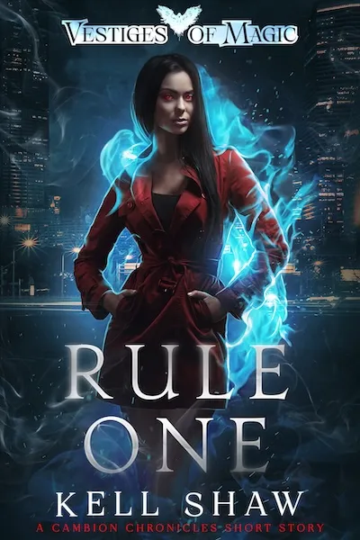 The cover of Rule One, showing a woman wreathed in blue flame 
standing in front of a city skyline.