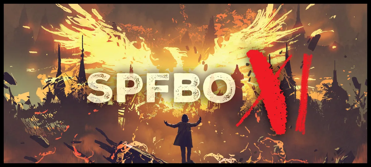 A banner showing a man standing in front of a phoenix - the SPFBO banner.