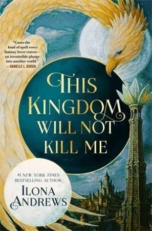 A blue cover for This Kingdom Will Not Kill Me showing a bird cicling around the title