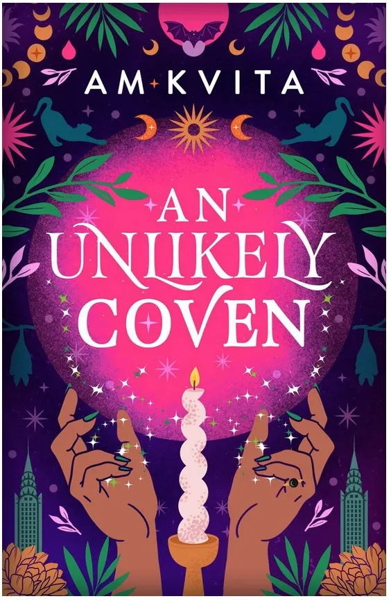 A purple-ish abstract cover for An Unlikely Coven, showing a woman's hands clutching at the title.