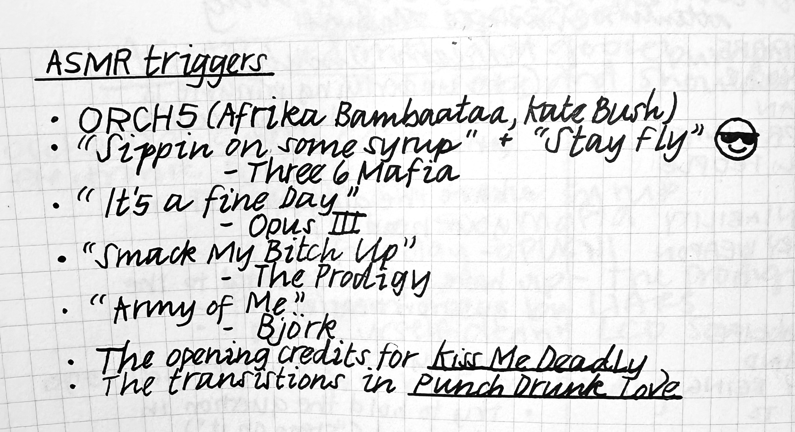 a handwritten list of ASMR triggers