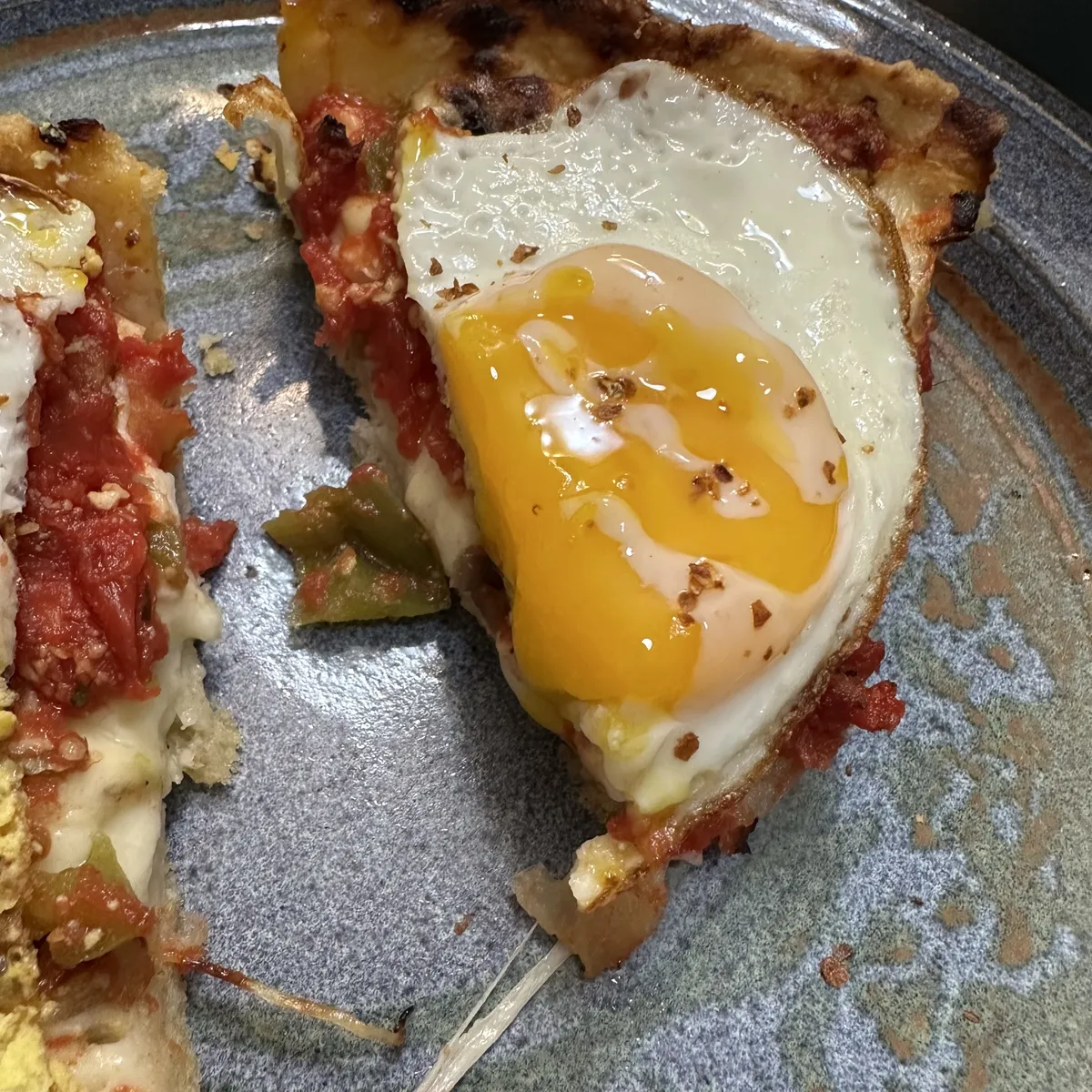 close-up of egg on pizza