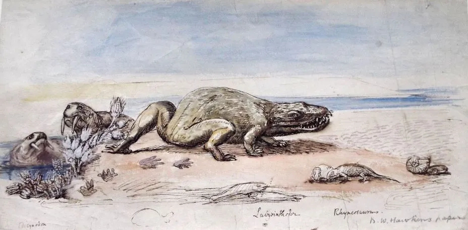 Roberts_Watercolour_painting_of_Triassic_animals_by_Benjamin_Waterhouse_Hawkins_undated_(c