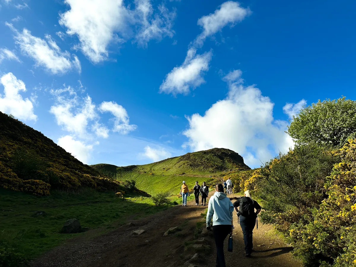 A group hiking up Arthur's Seat, Edinburgh. The sky is blue and clear with some clouds. There are yellow flower bushes along the path.