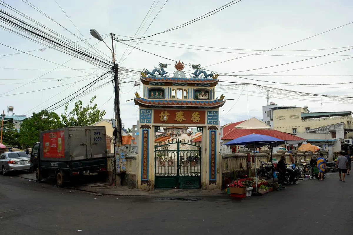 A temple next to a fish market