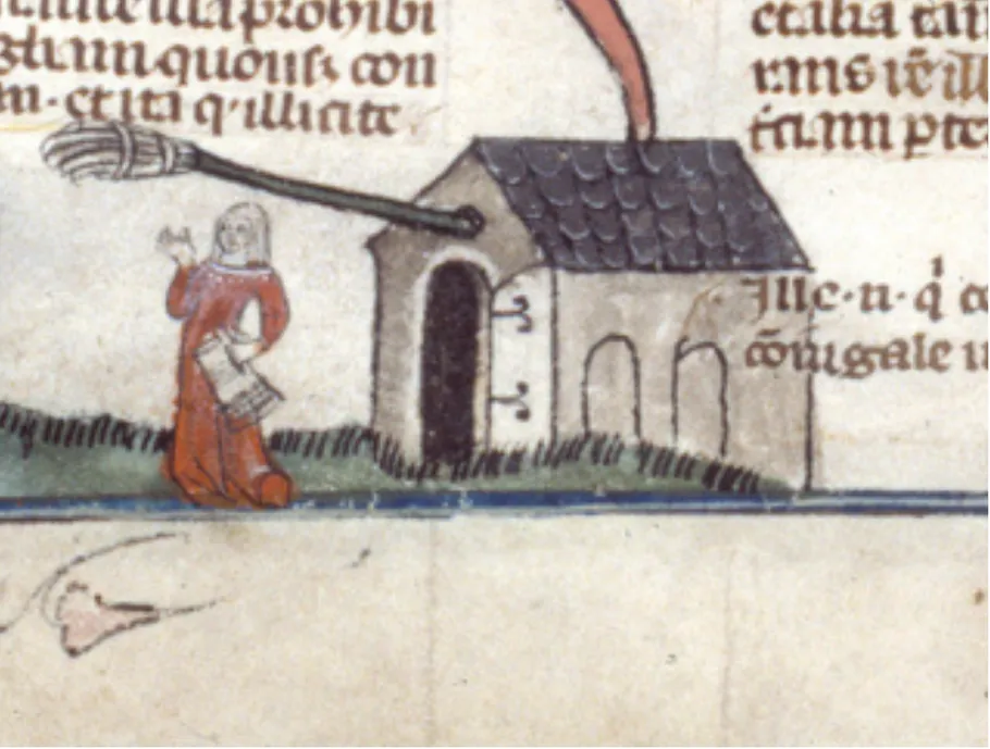 An alewife working in a medieval brewhouse, from the Smithfield Decretals