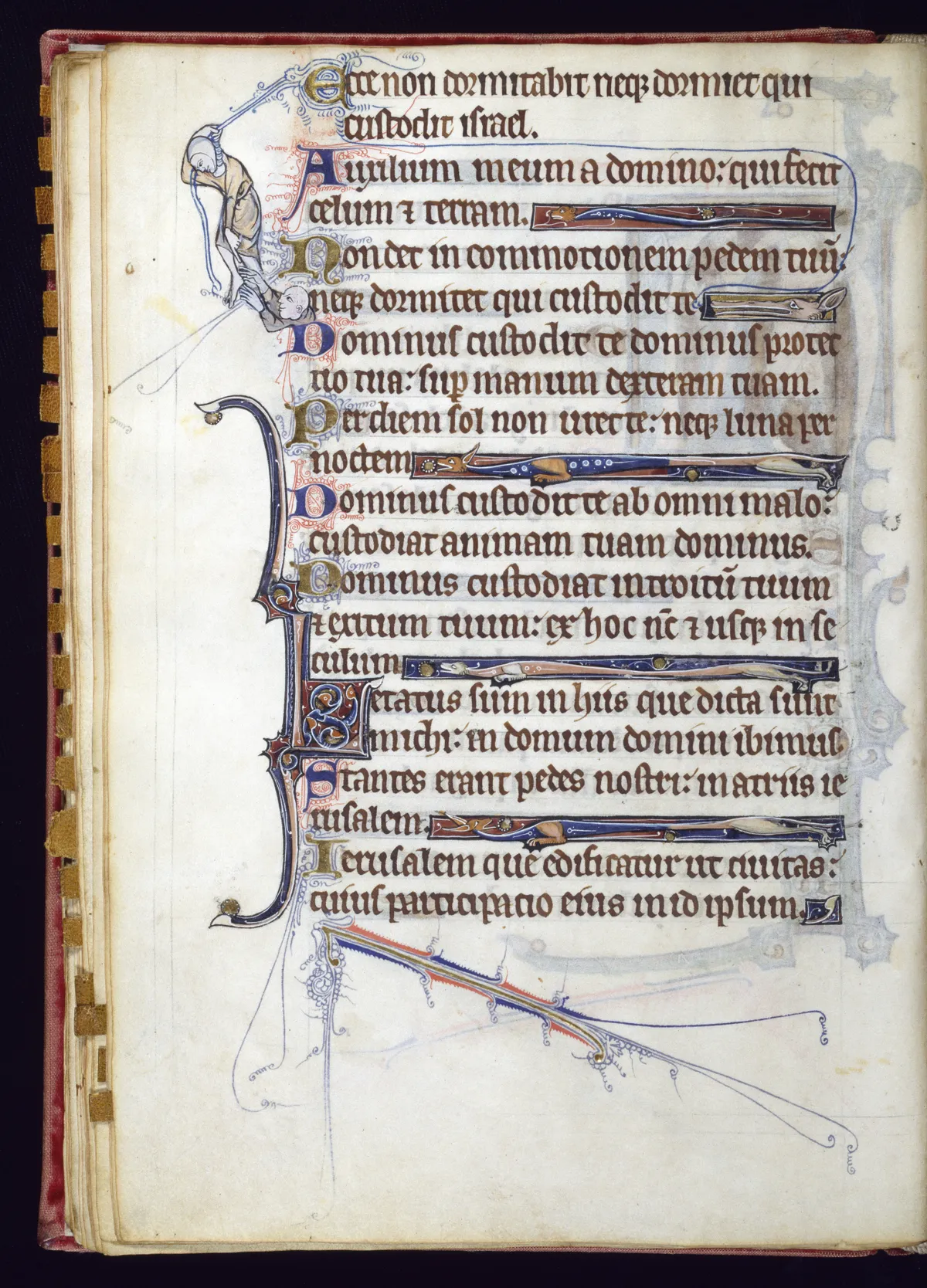 A tiny figure appears to be hoisting a line of text into place in a medieval manuscript