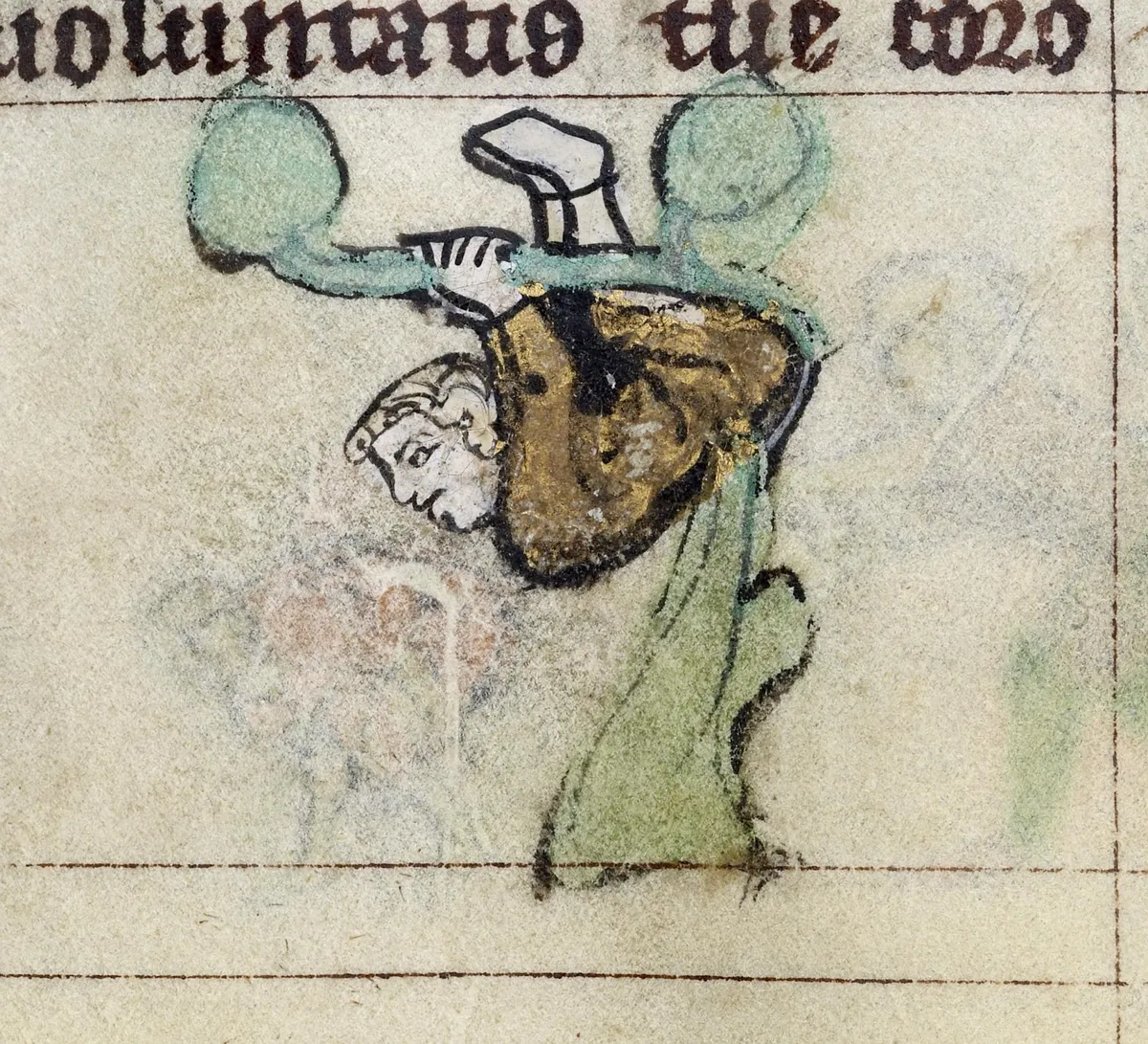 A young boy swinging from a tree in a medieval Book of Hours