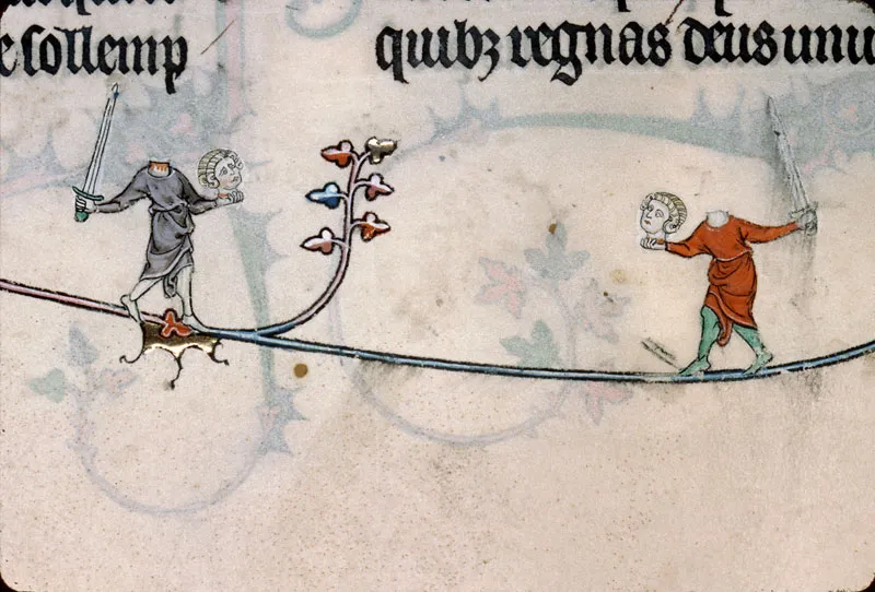 Two headless sword-wielding figures carrying their own severed heads while walking along a vine in a medieval manuscript