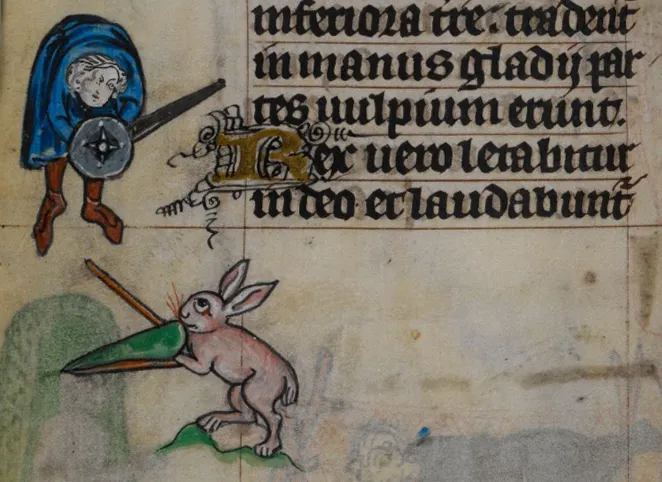 A medieval rabbit and bishop from the Maastricht Book of Hours