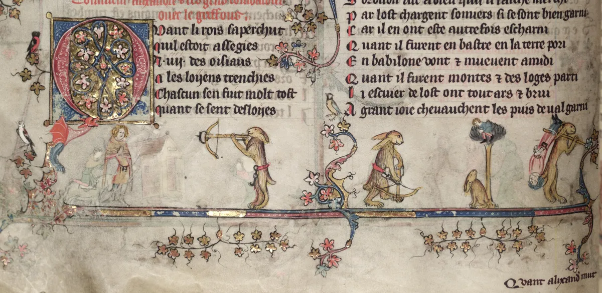 Giant hares hunting humans in the margins of the Romance of Alexander, Bodleian Library, MS Bodl. 264, fol. 81v.