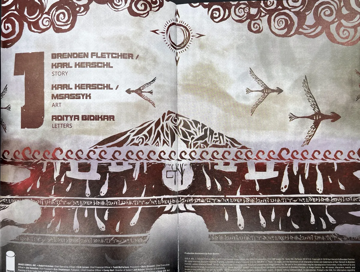 Title page of Isola, featuring woodblock-like images of flying creatures and an island