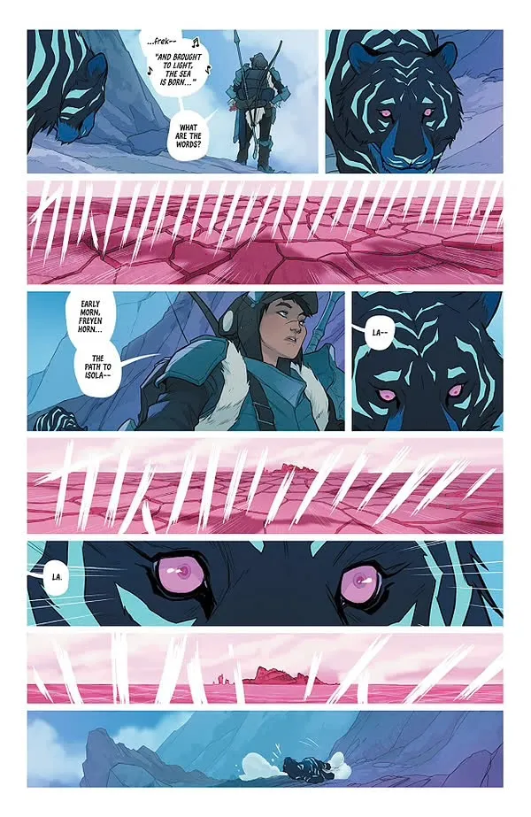 Olwyn begins to have visions of Isola, overlaid in pink.