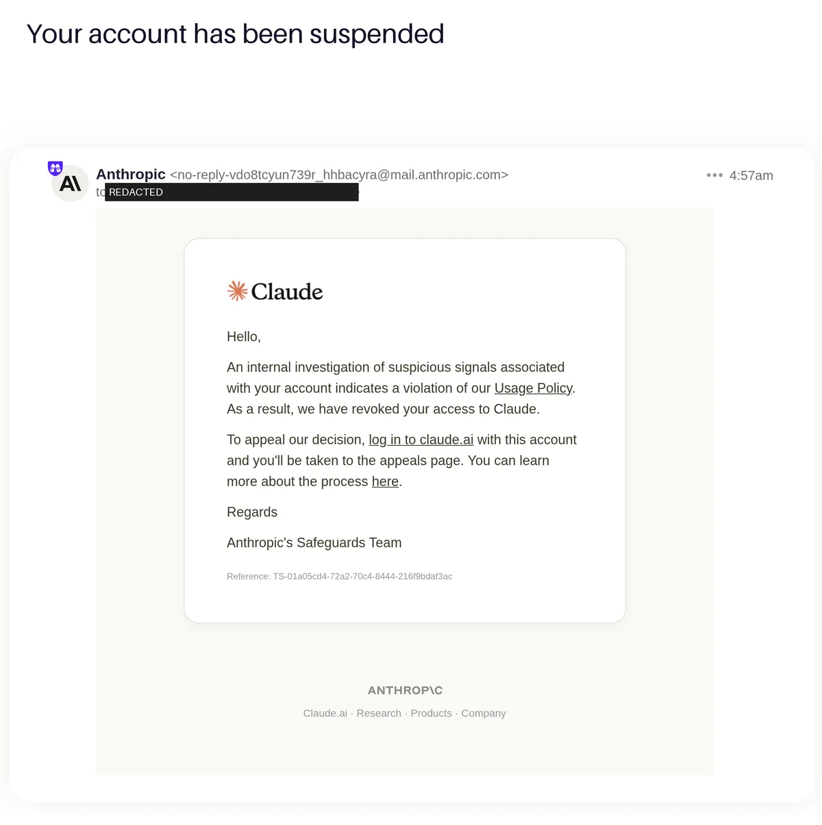 Suspension email from Anthropic's Safeguards Team -- recipient redacted