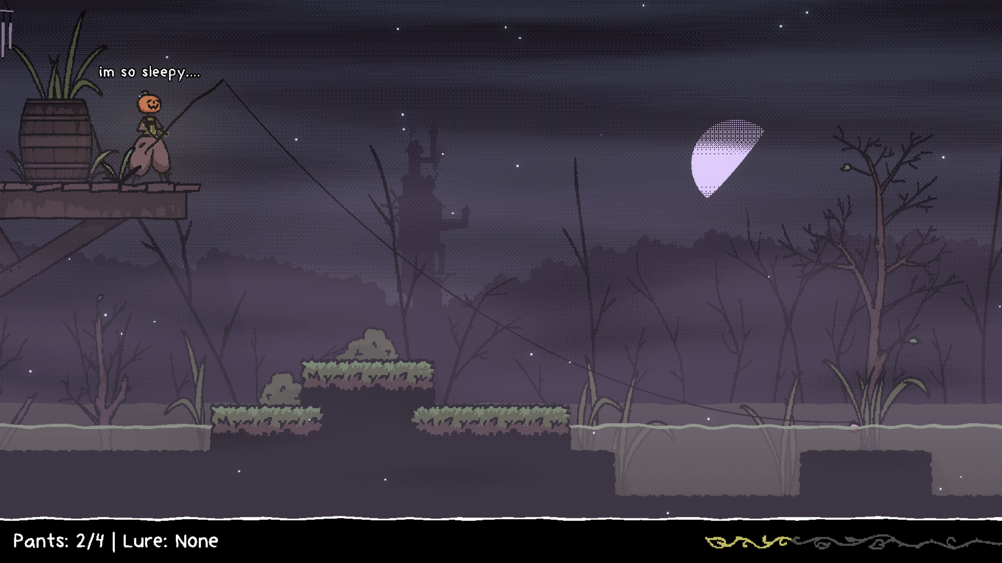 A little scarecrow character standing on the edge of a porch fishing into the night and saying 