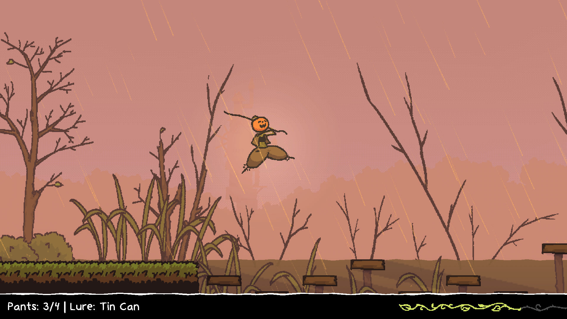 Scarecrow character jumping through the air in a rainy swamp and dusk.