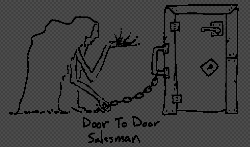 Drawing of a creepy character with a fucked up door