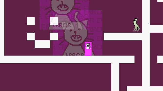 A little pink debug character running around an environment, talking to ghosts and platforming.