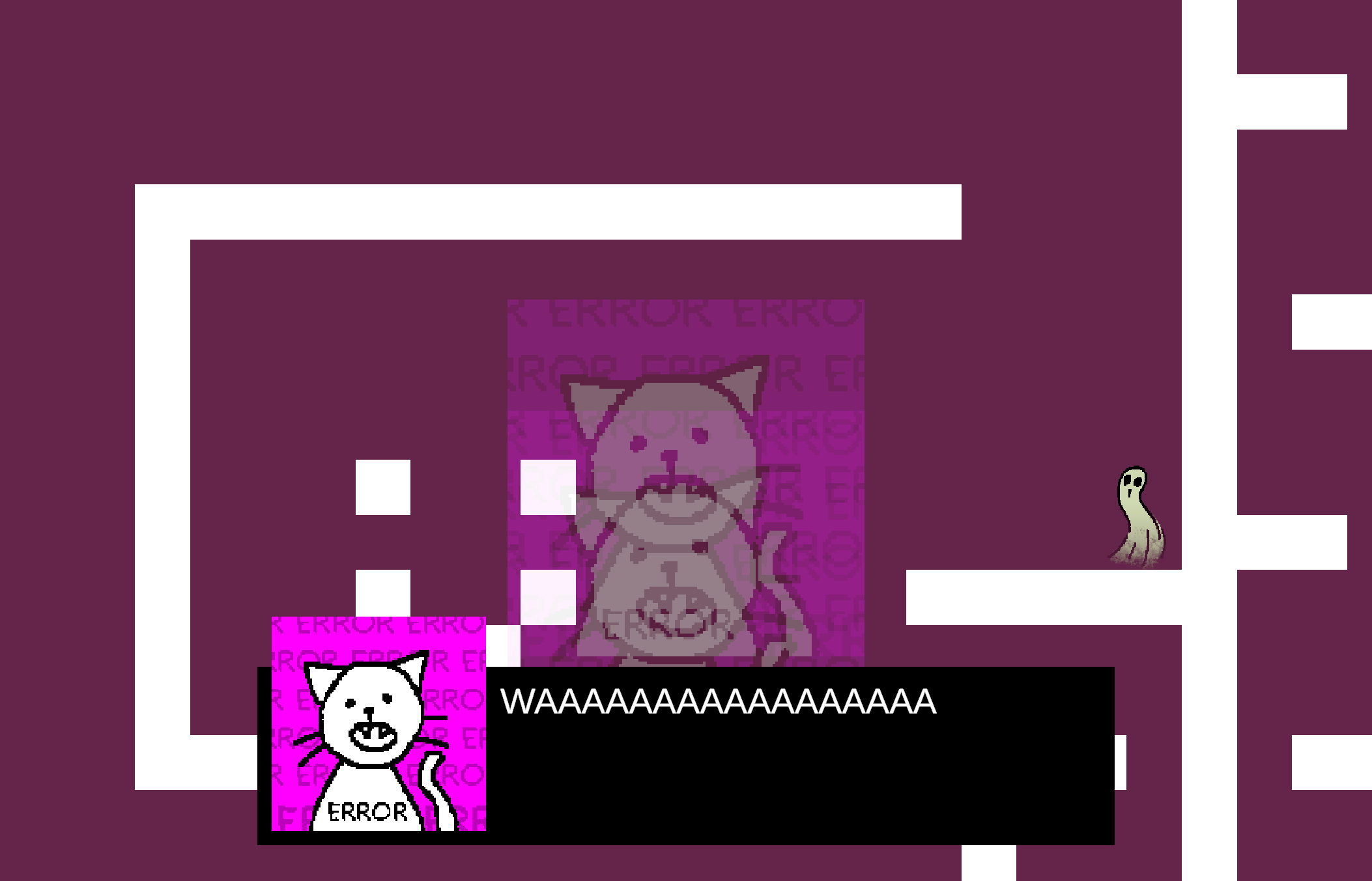 Extremely barebones in-development screenshot of the game with lots of magenta and an error cat image screaming WAAAAAAAA