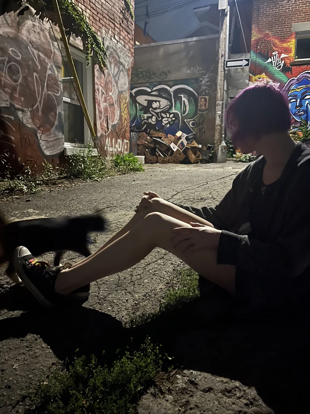 Me sitting in an alleyway on the ground next to a blurry cat walking next to me.
