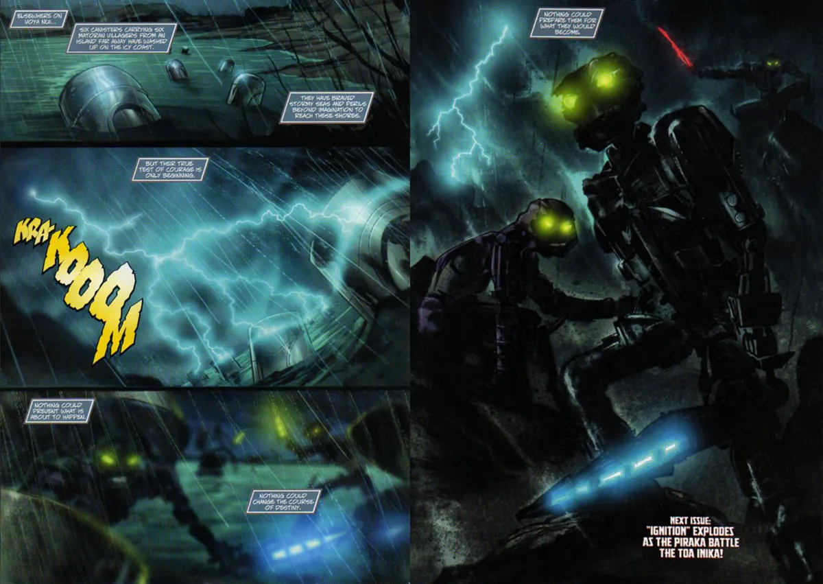 Screenshot of the last two pages of Ignition #2, showing the Toa Inika washing up on the shore of Voya Nui and stepping out of their canisters as shadowy lightning-infused Toa