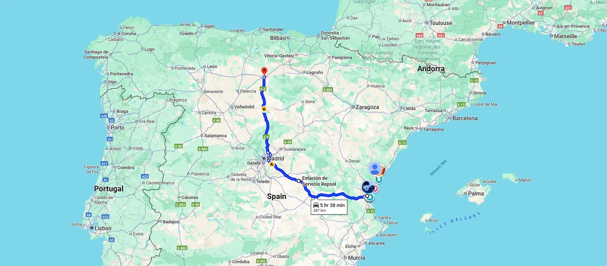 Map of the planned route, showing it's a 600km and 6 hours trip