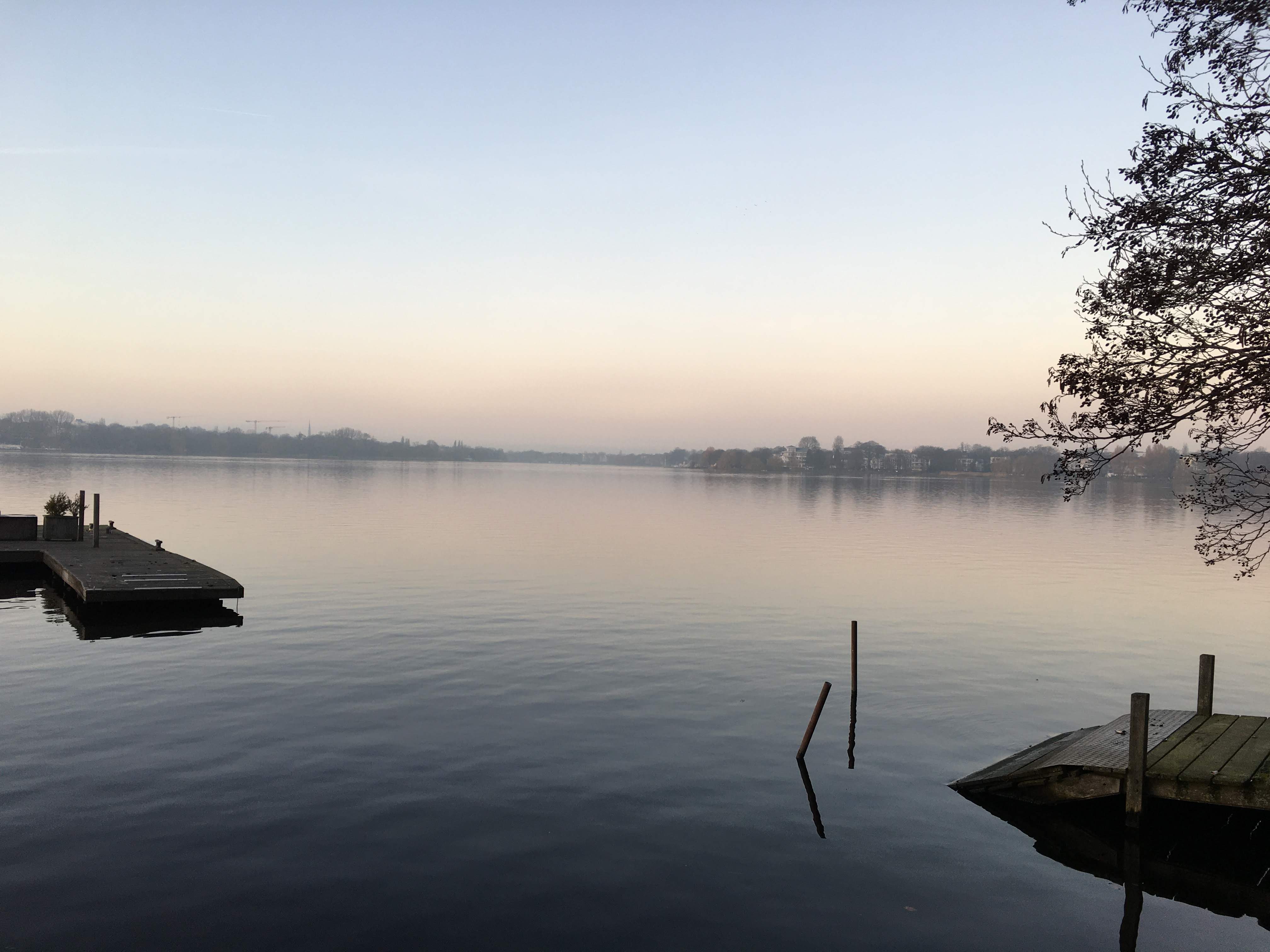 The Außenalster, a lake in the center of Hamburg, as viewed during a winter walk