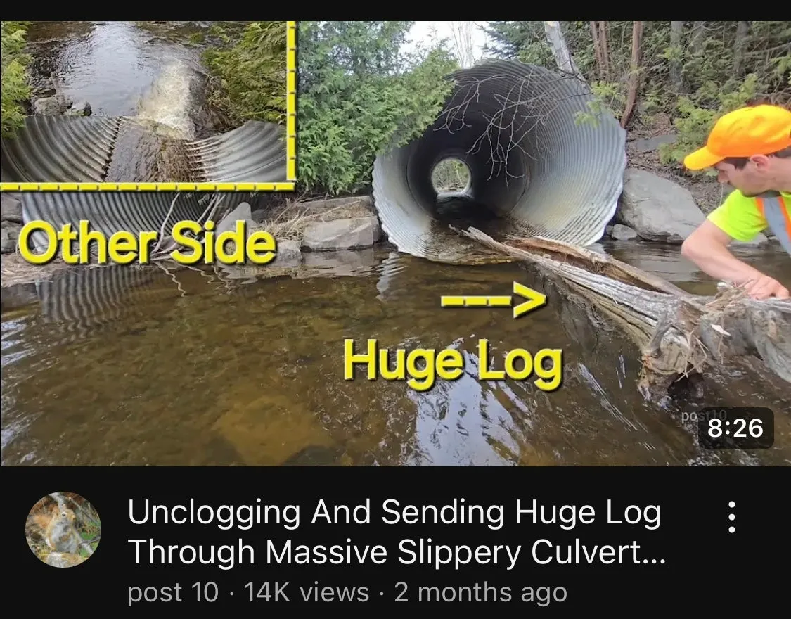 unclogging and sending huge log through massive slippery culvert