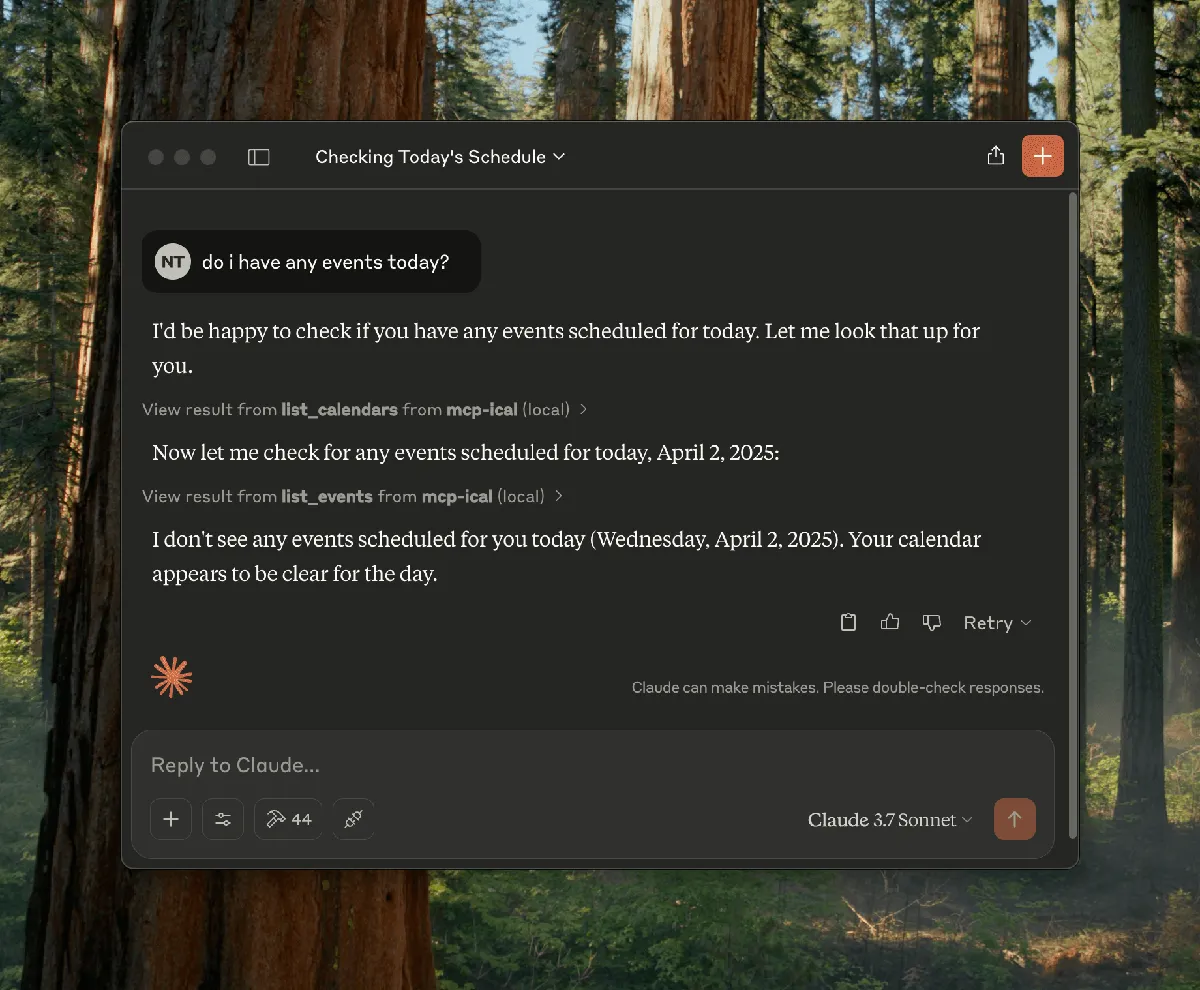 Claude desktop app interface showing calendar integration with mcp-ical server, displaying a conversation where Claude checks for events and reports an empty calendar