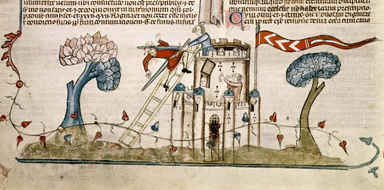 A medieval woman defending a castle from the Smithfield Decretals.