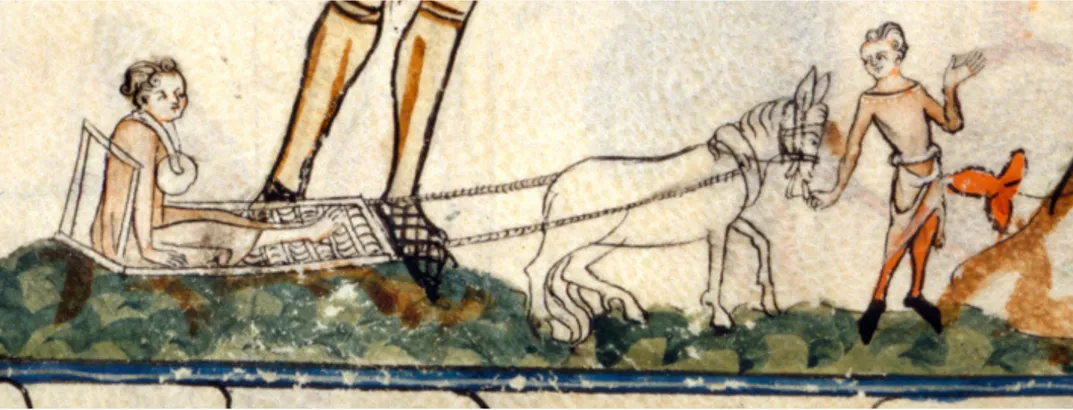 A medieval baker being dragged on a hurdle with a loaf around his neck, from the Smithfield Decretals