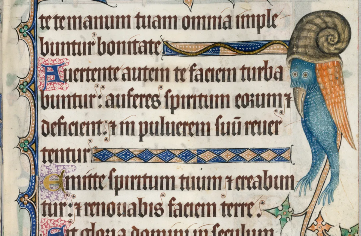 A strange hybrid creature with a bird-like body and a shell-like form around its head in the Luttrell Psalter