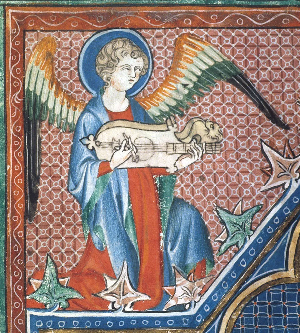An angel playing a citole in the De Lisle Psalter, c.1310.