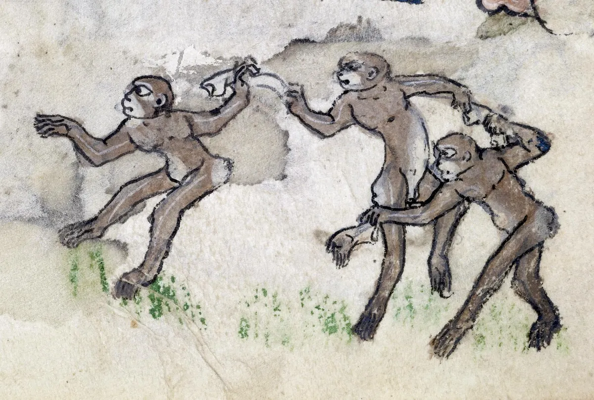 Apes dancing in a circle in a Flemish Psalter-Hours, c. 1315–1325