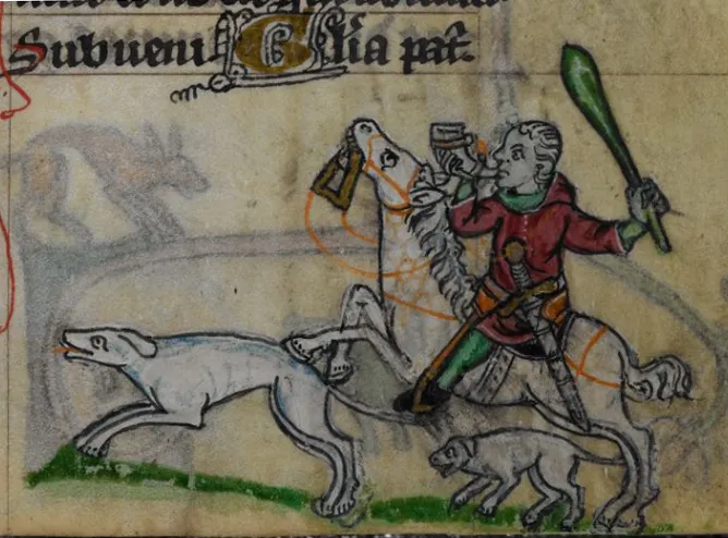 A mounted horn-blower from the Maastricht Book of Hours.