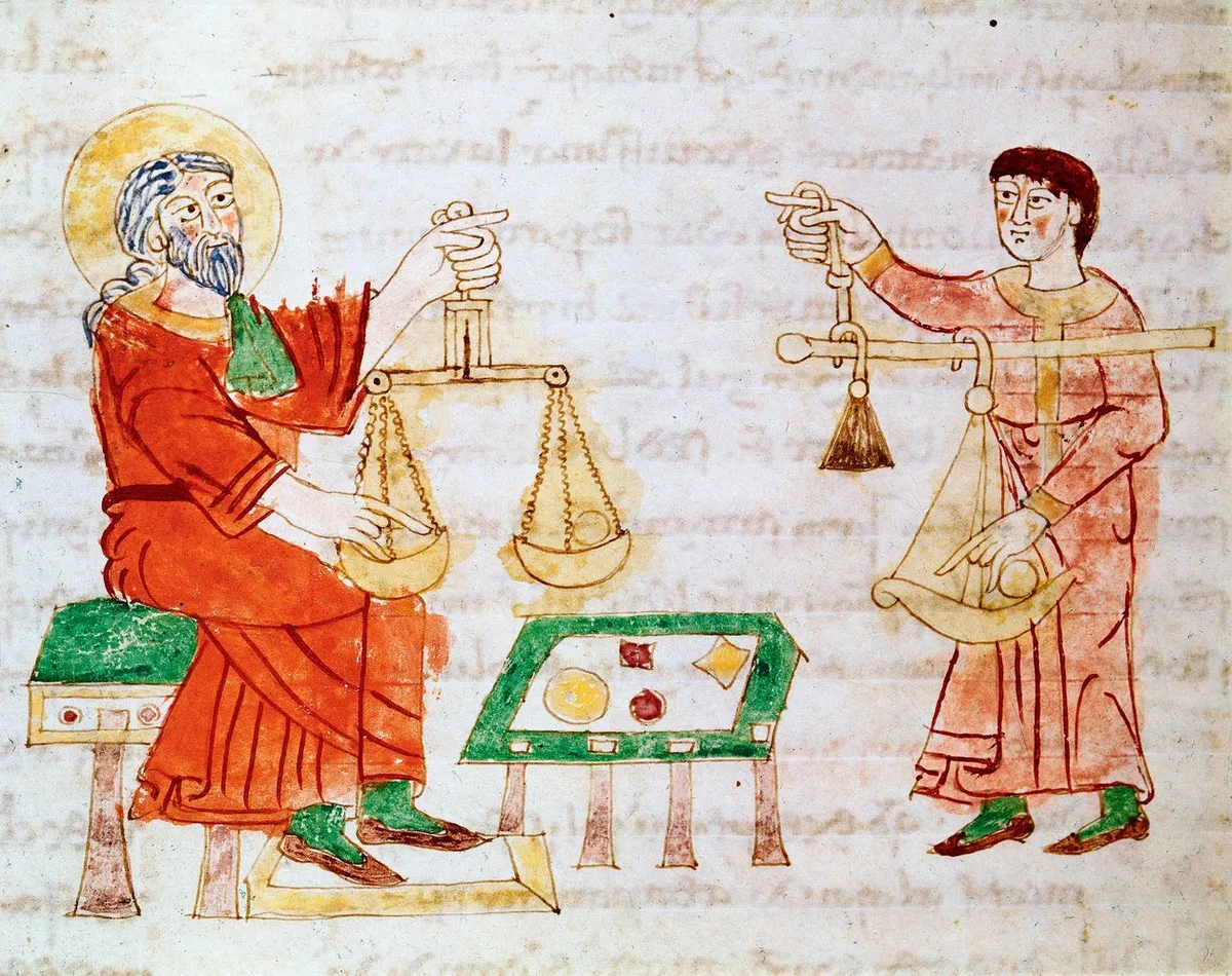 Medieval merchants using scales to weigh goods and bargain, from De Universo, Monte Cassino MS Casin 132